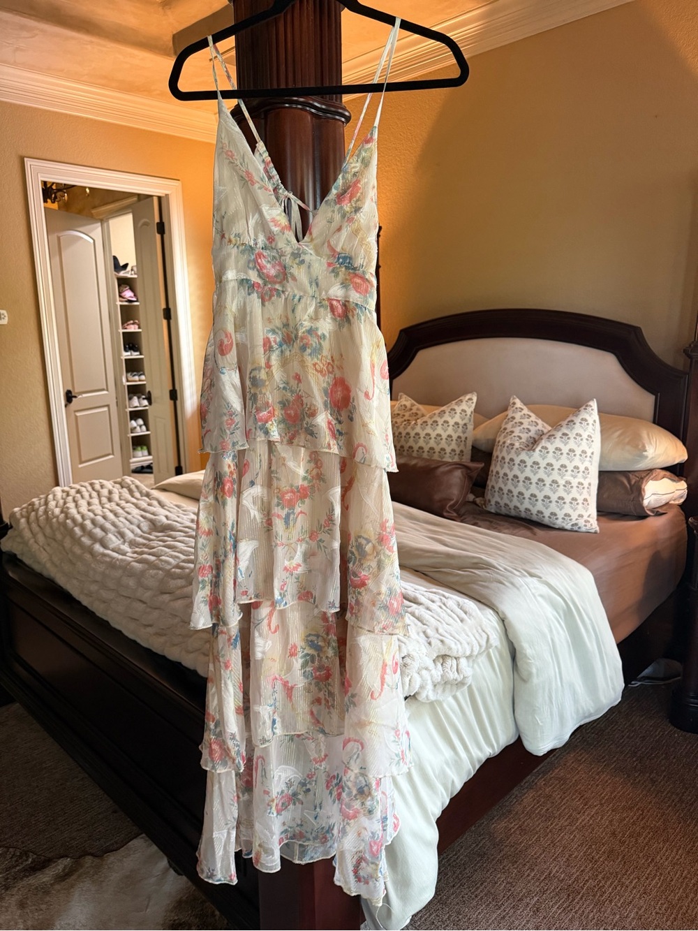 Floral Tiered V-Neck Maxi Dress - Cream with Pink & Blue Floral